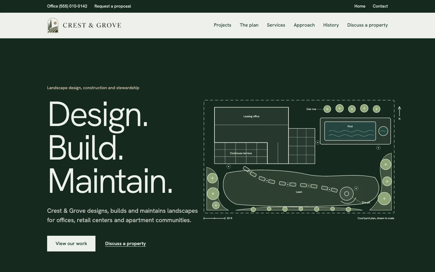 The Crest & Grove home page: the headline Design, Build, Maintain beside a courtyard plan drawn in light lines on dark green.