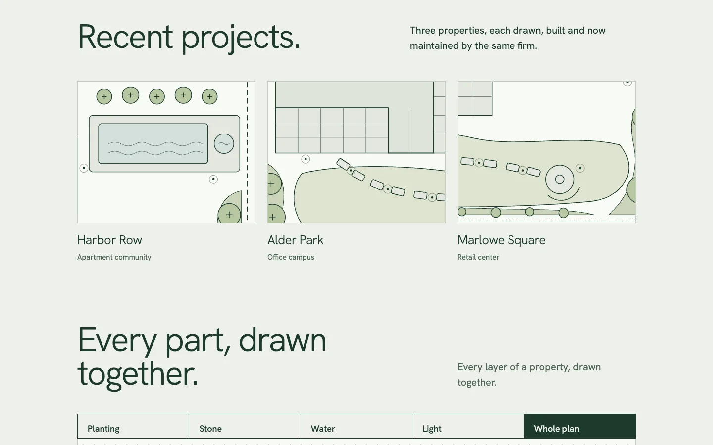 The Crest & Grove projects section: three properties, each shown as a detail of the plan.