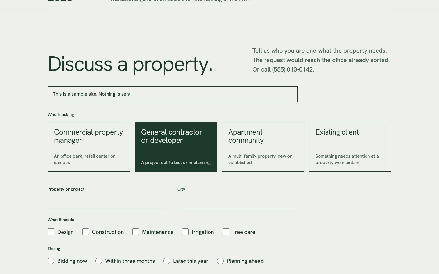 The Crest & Grove request form: four choices for who is asking, with the questions for a contractor below.