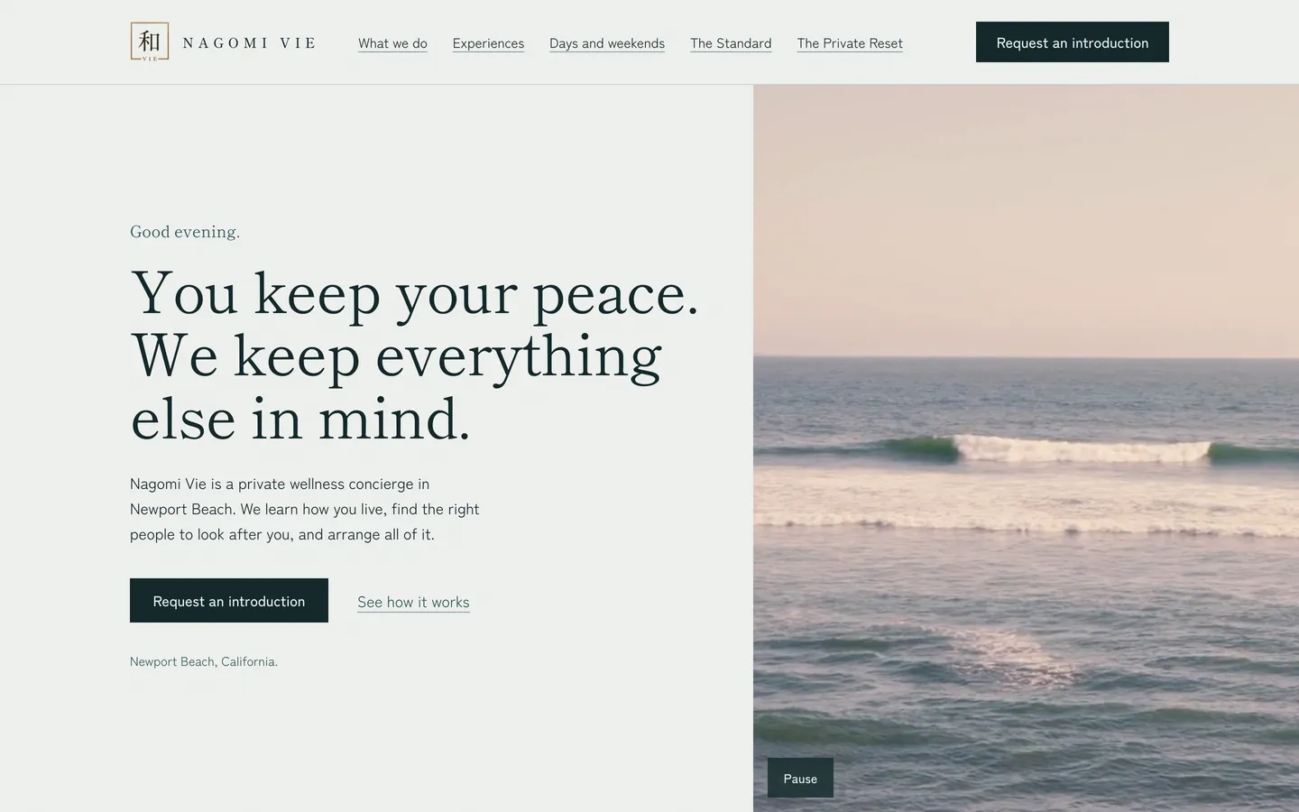 The Nagomi Vie home page: a serif headline beside a photograph of the ocean.