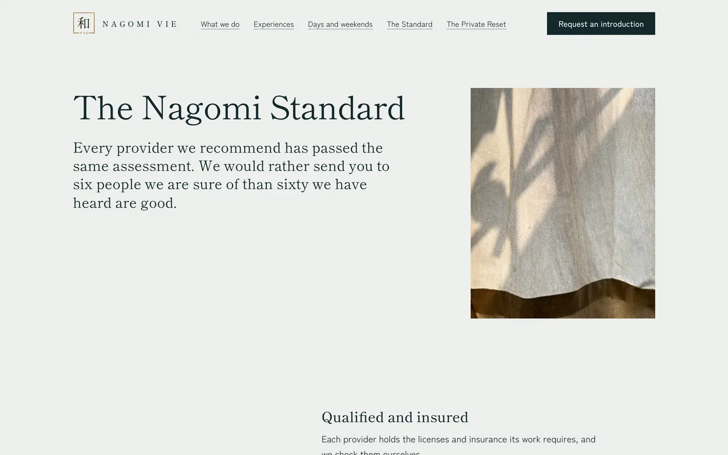 The Nagomi Vie standard page: a heading and a statement about how providers are assessed.