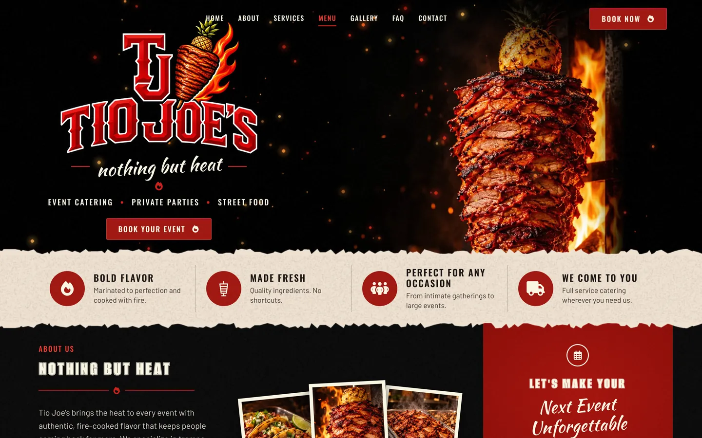 The Tio Joe’s home page: a red logo over a dark photograph of roasted meat by a fire.