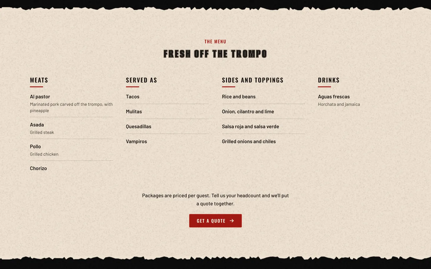 The Tio Joe’s menu on a cream background, set in four columns.