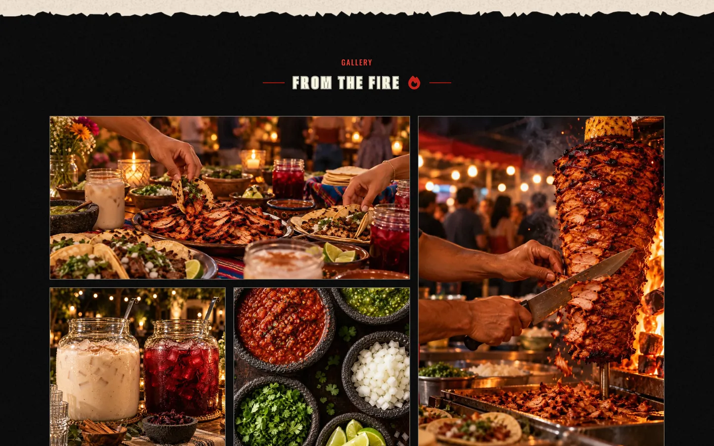 The Tio Joe’s gallery: photographs of food and of a cook carving meat.