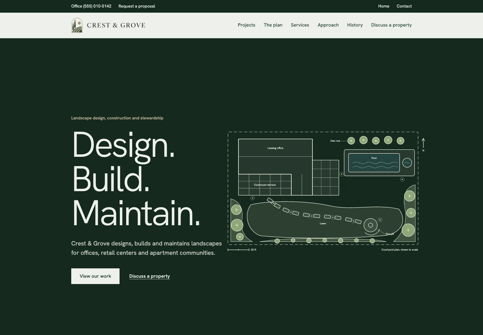 The Crest & Grove home page on a desktop screen: the headline Design, Build, Maintain beside a courtyard plan drawn in light lines on dark green.