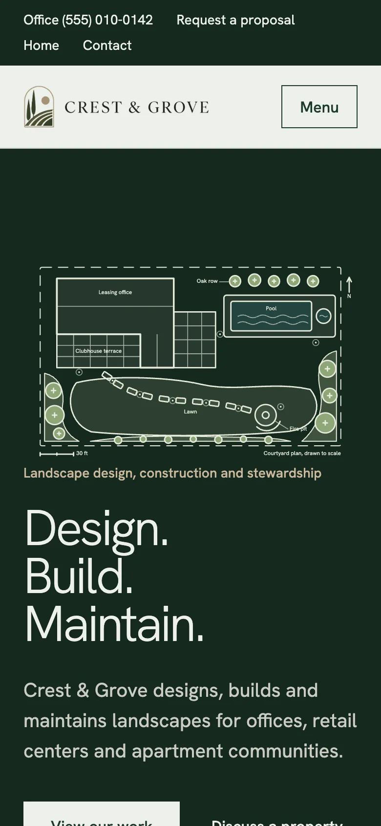 The Crest & Grove home page at phone width: the logo and a Menu button above the courtyard plan and the headline.