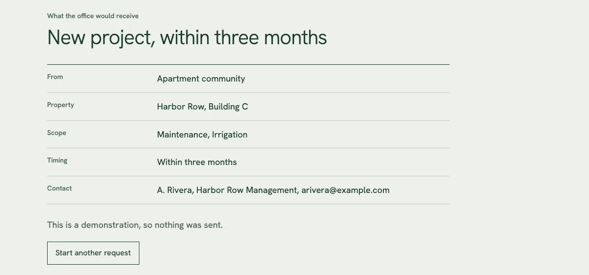A sorted request on the Crest & Grove site: new project, within three months, from an apartment community, with the property, scope, timing and contact listed.