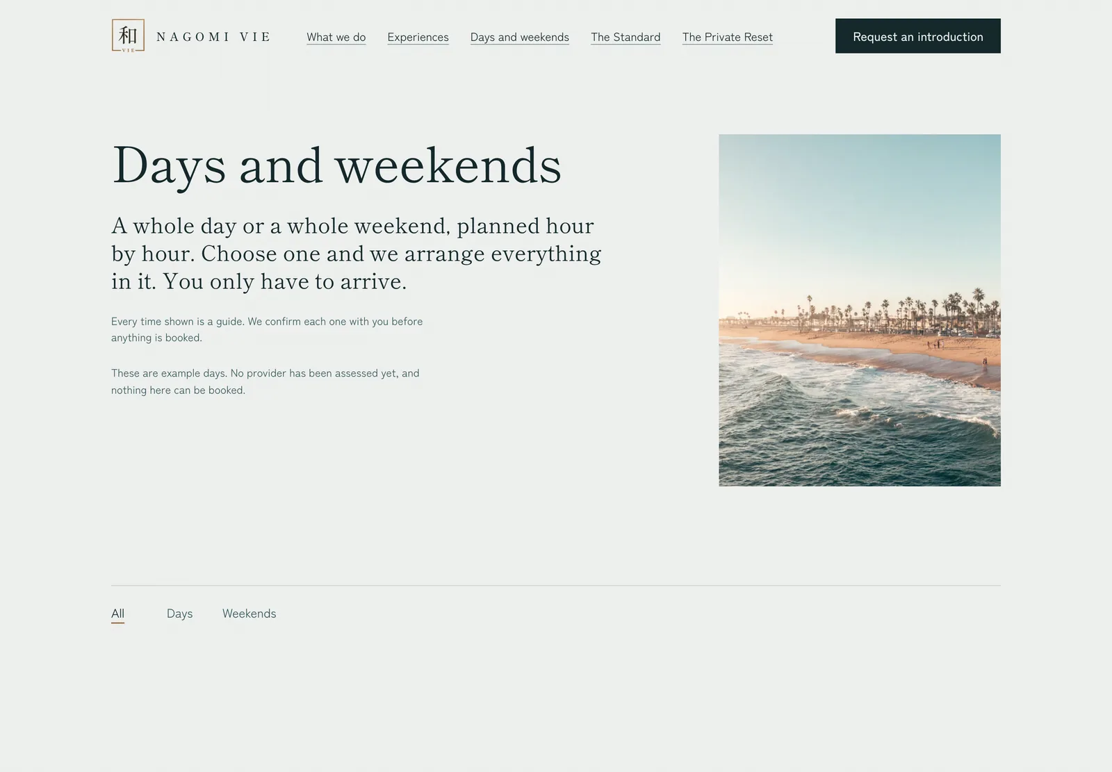 The Nagomi Vie days and weekends page on a desktop screen: a heading, a short introduction and a photo of a beach at dusk.