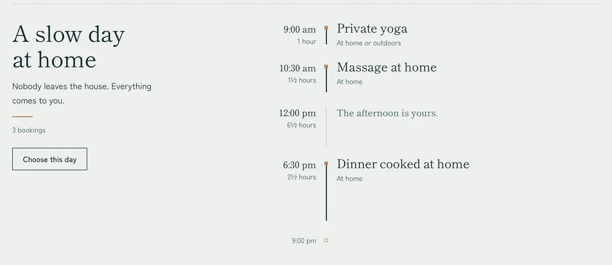 A day plan on the Nagomi Vie days and weekends page, drawn as a timeline from 9:00 am to 9:00 pm with private yoga, a massage at home and dinner cooked at home.