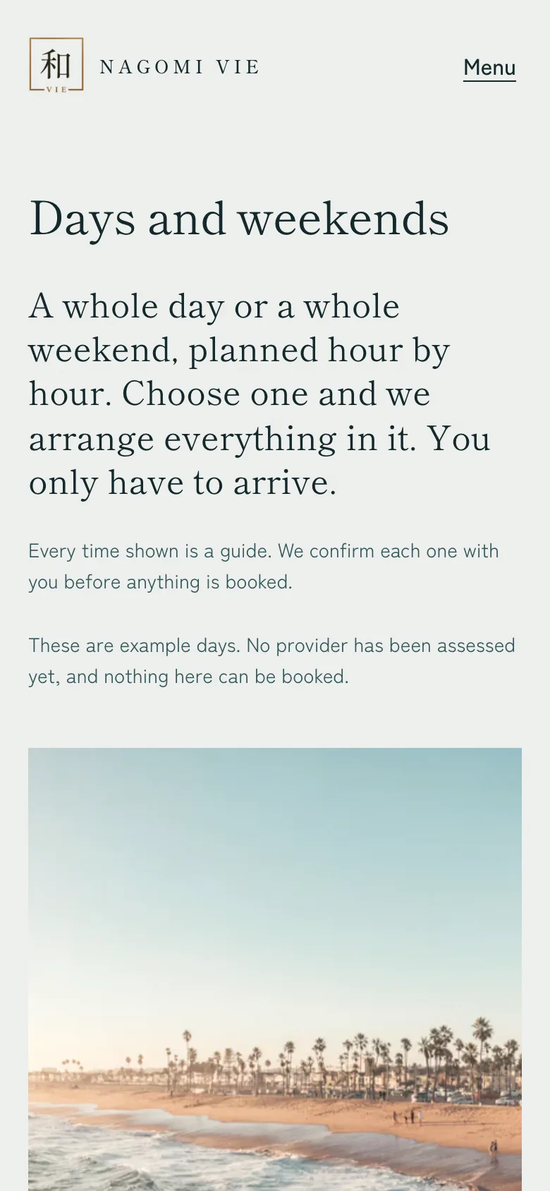 The Nagomi Vie days and weekends page at phone width.