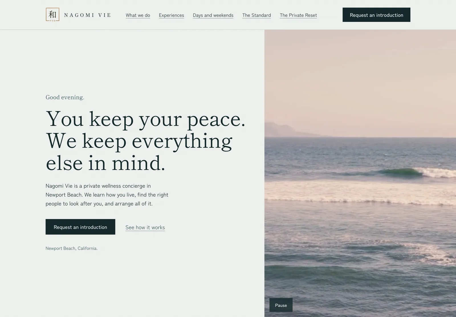 Nagomi Vie home page on a desktop screen: a headline reading You keep your peace, we keep everything else in mind, beside a photo of the ocean.
