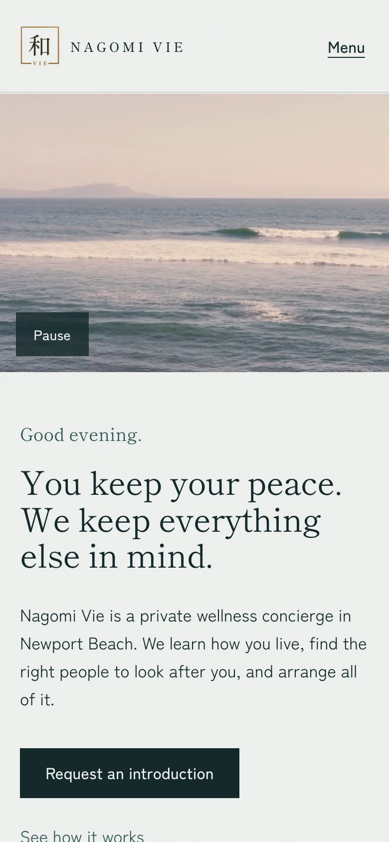 The Nagomi Vie home page at phone width: the logo and a Menu link above a photo of the ocean, then a greeting and the headline.