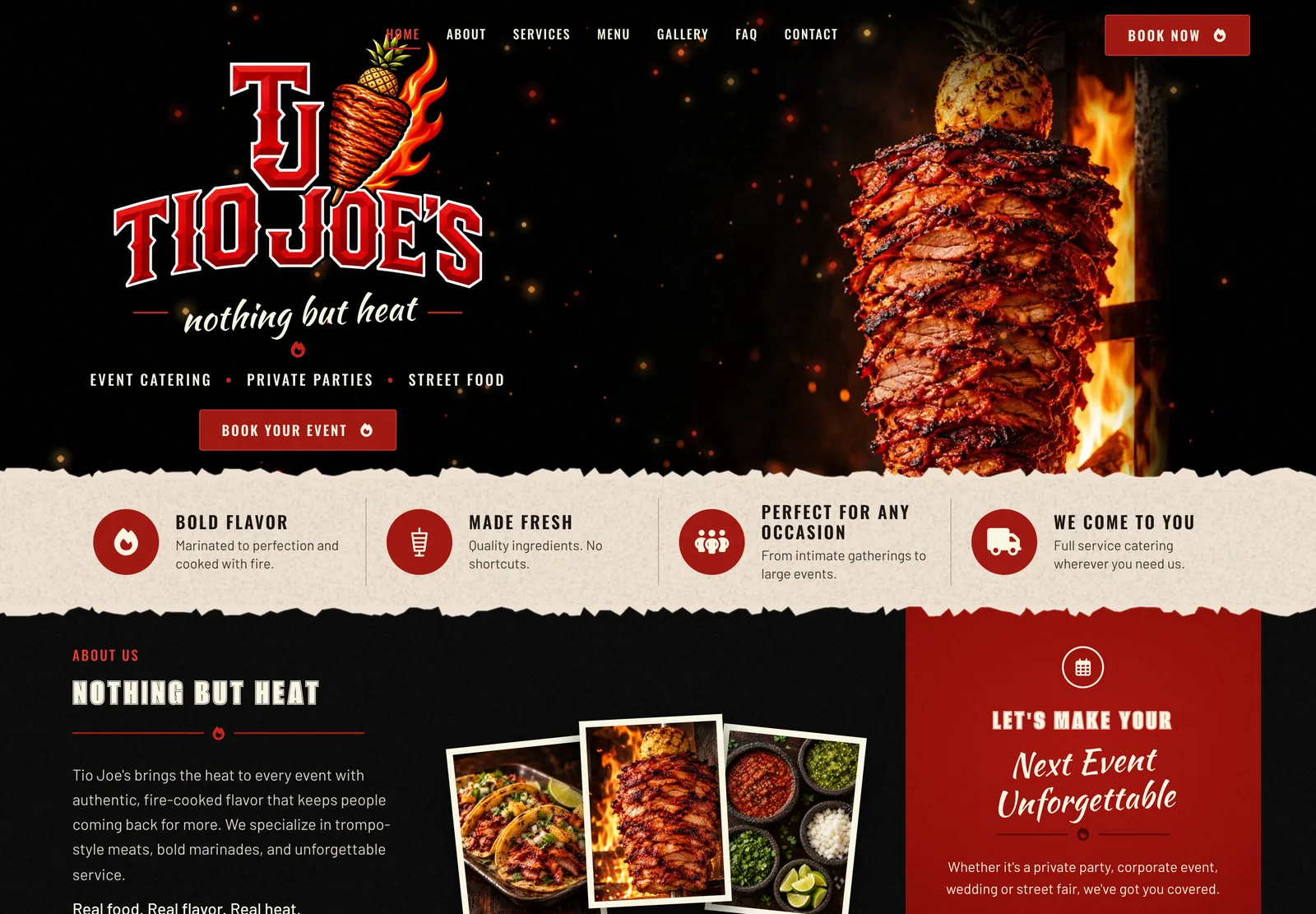 Tio Joe’s one-page site on a desktop screen: a red logo with the words nothing but heat, beside a photo of a tall stack of roasted meat, with a Book now button.