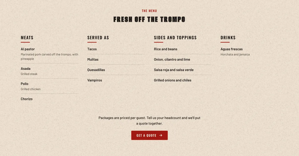 The menu section of the Tio Joe’s site on a cream background: four columns headed Meats, Served as, Sides and toppings, and Drinks, with a Get a quote button under them.