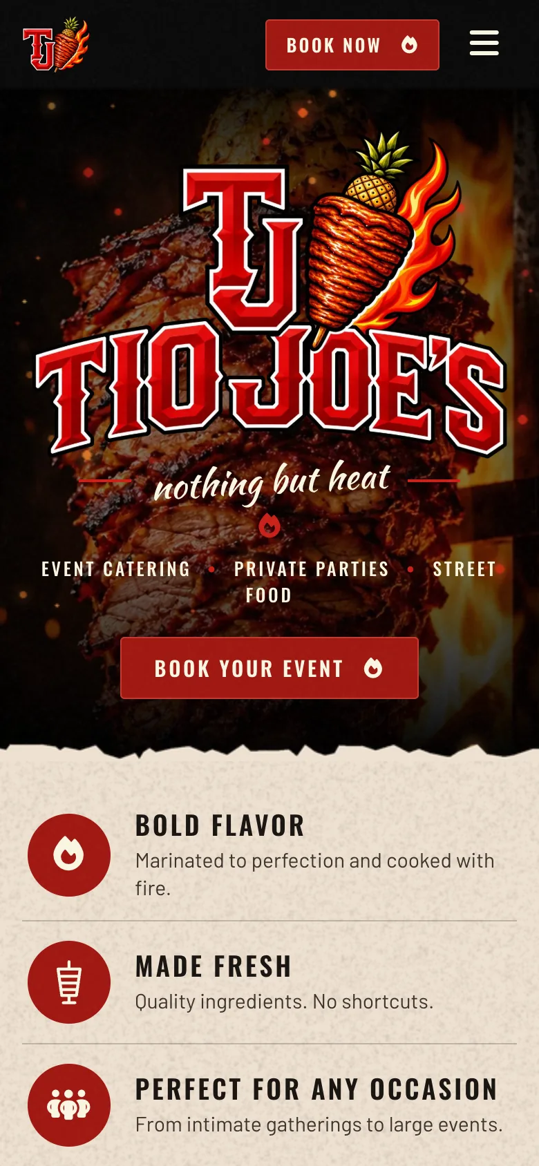 The Tio Joe’s site at phone width: a red logo, a Book now button and the large Tio Joe’s logo over a photo of roasted meat.