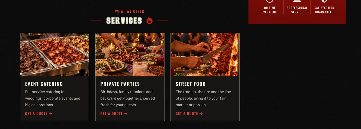 The services section of the Tio Joe’s site on a dark background: three cards for event catering, private parties and street food, beside a red panel with a Get a quote button.