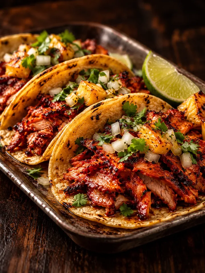 Al pastor tacos with grilled pineapple, onion, cilantro and lime