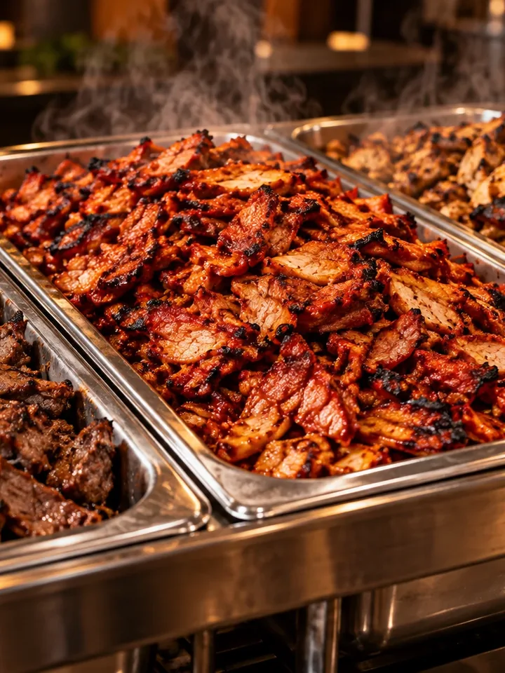 Catering trays of carne asada, al pastor and grilled chicken