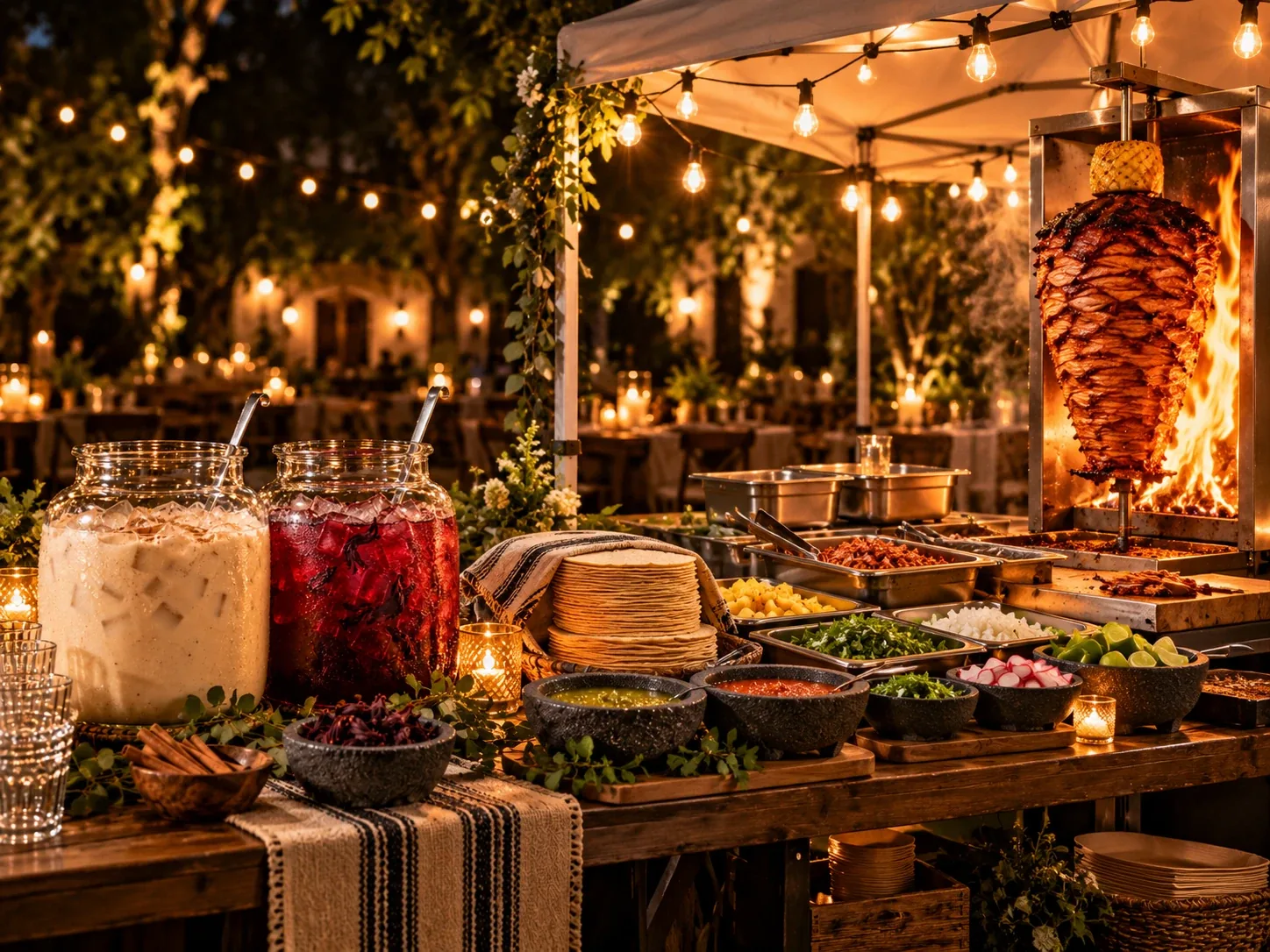 Outdoor taco bar at night with a trompo, salsas, tortillas and aguas frescas under string lights