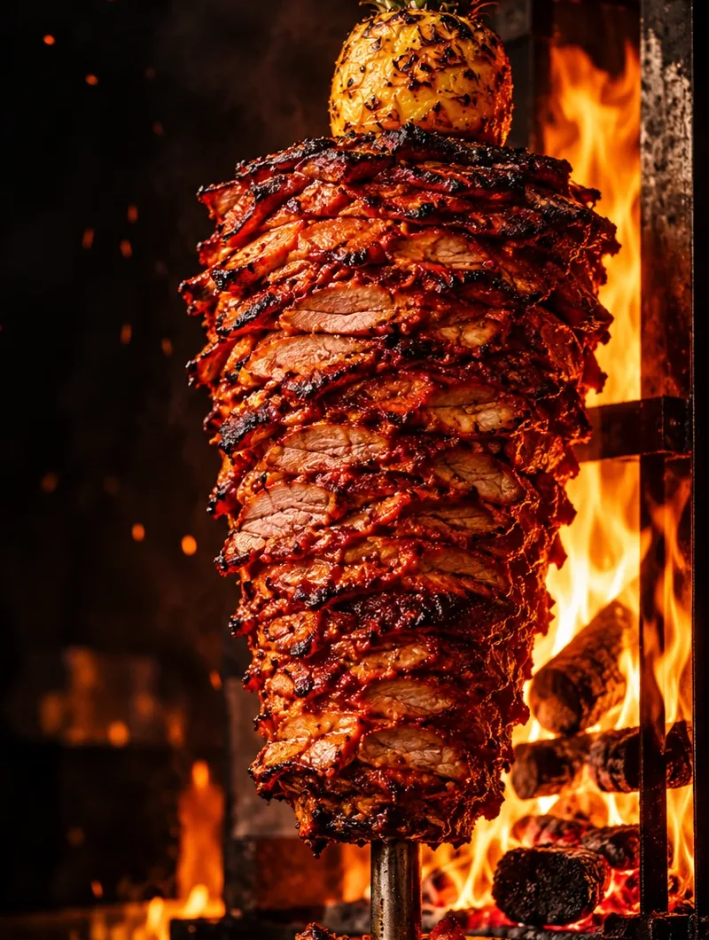Al pastor trompo topped with a whole pineapple beside a wood fire